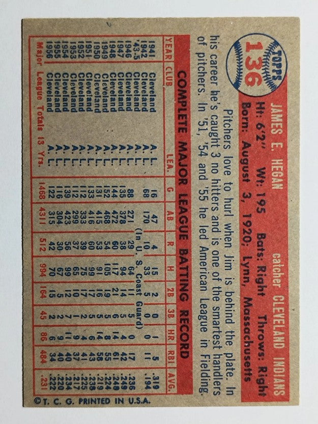 1957 Topps #136 Jim Hegan (EXMT)