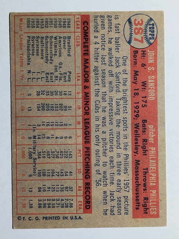 1957 Topps #387 Jack Sanford RC (EXMT)