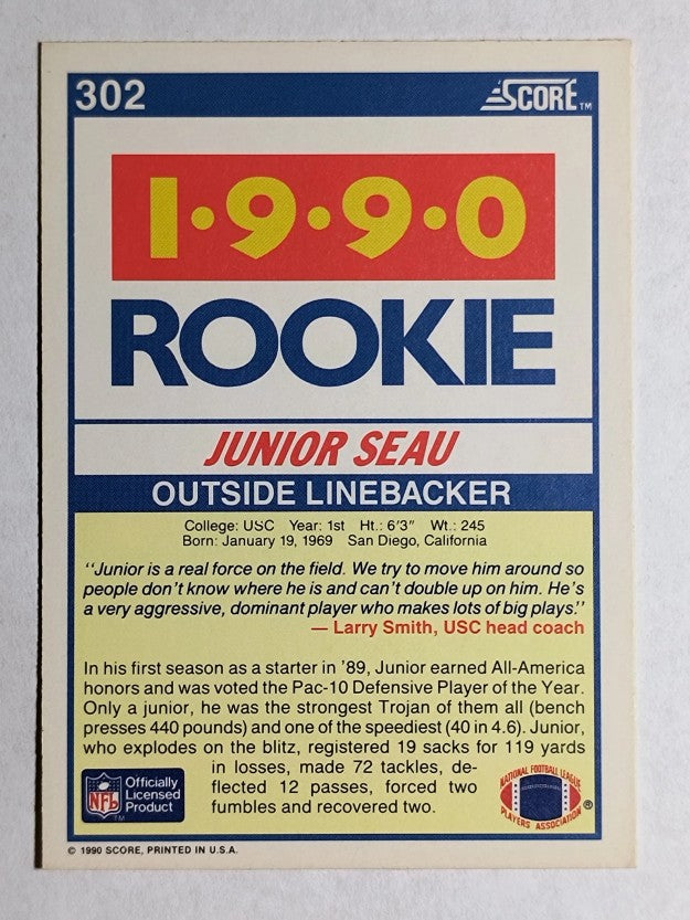 1990 Score #302 Junior Seau RC