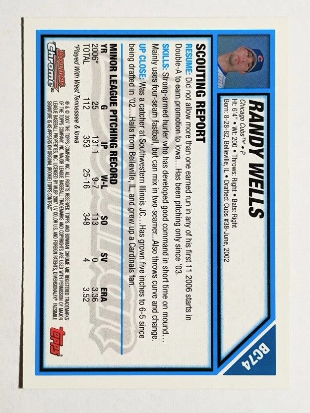 2007 Bowman Chrome Prospects #BC74 Randy Wells