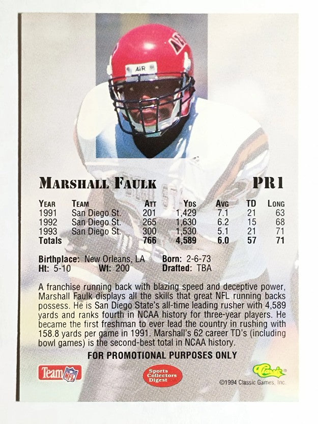 1994 Classic Promos #PR1 Marshall Faulk