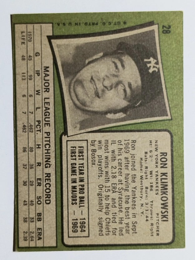 1971 Topps #28 Ron Klimkowski (EX)