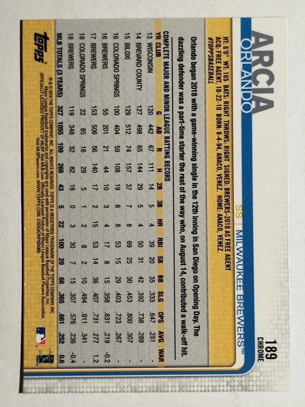 2019 Topps Chrome #189 Orlando Arcia