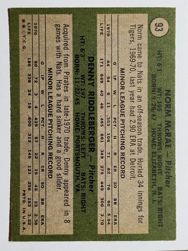 1971 Topps #93 Rookie Stars/Norm McRae/Denny Riddleberger (EX)