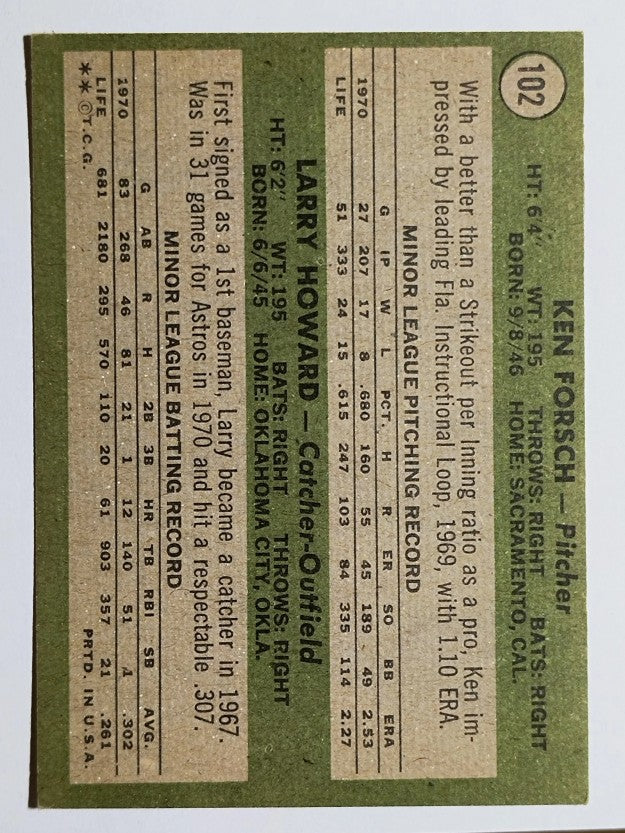 1971 Topps #102 Rookie Stars/Ken Forsch RC/Larry Howard RC (EX)