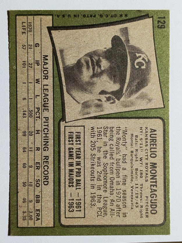 1971 Topps #129 Aurelio Monteagudo (VGEX)