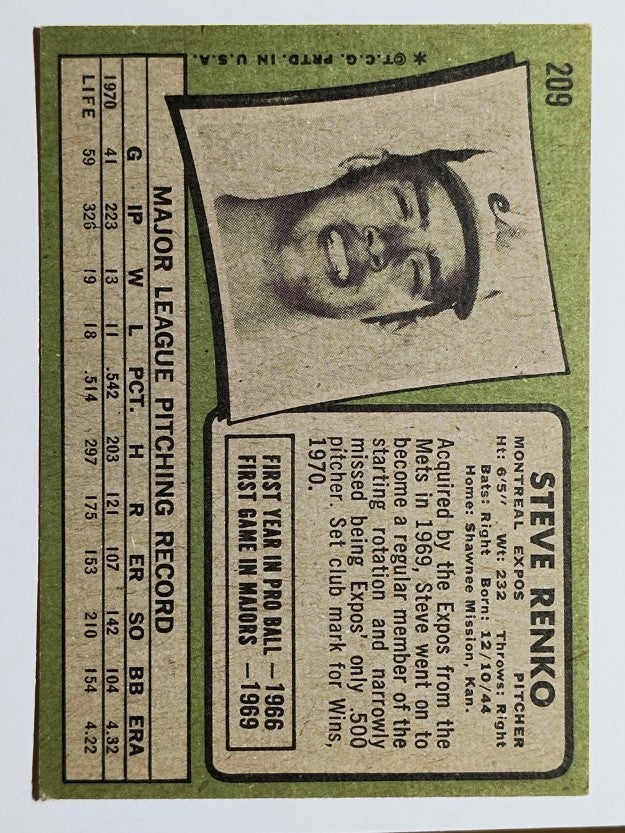 1971 Topps #209 Steve Renko (VGEX)