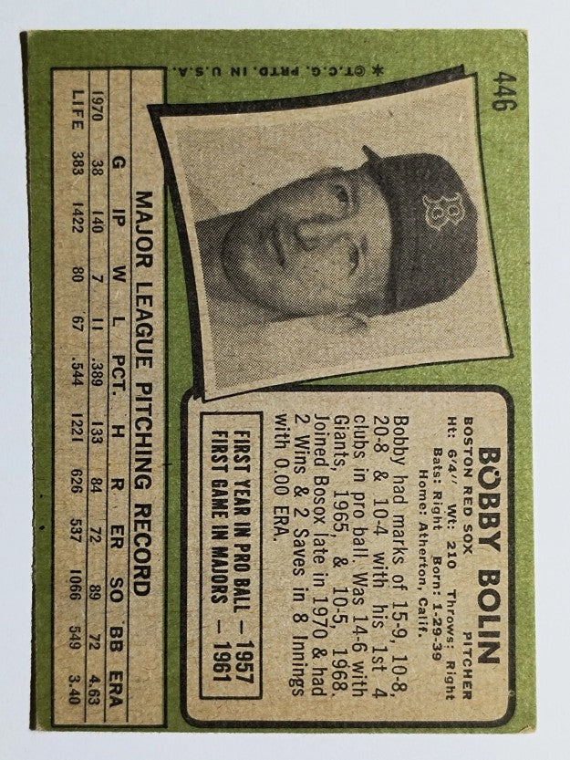 1971 Topps #446 Bobby Bolin (VGEX)
