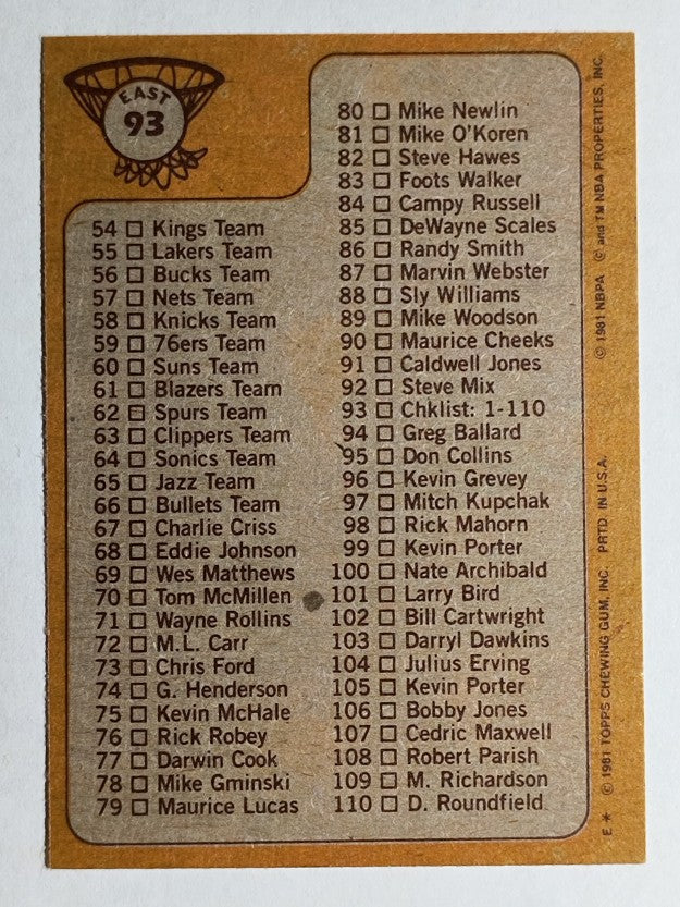 1981-82 Topps #E93B Checklist 1-110/COR numbered E93