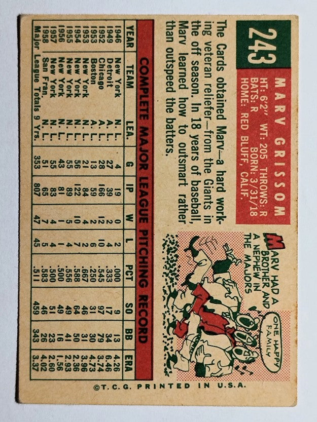 1959 Topps #243 Marv Grissom (VGEX)