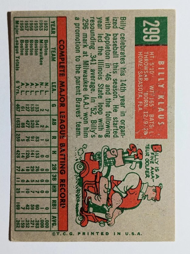 1959 Topps #299 Billy Klaus (VGEX)