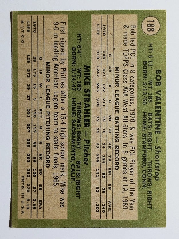 1971 Topps #188 Rookie Stars/Bob Valentine RC/Mike Strahler RC (VGEX)