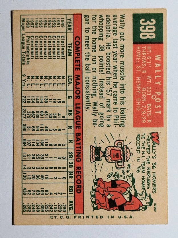 1959 Topps #398 Wally Post (EX)