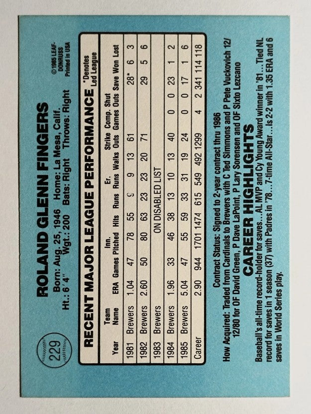 1986 Donruss #229 Rollie Fingers