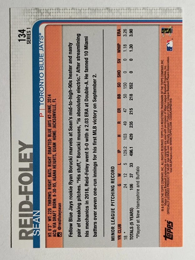 2019 Topps #134 Sean Reid-Foley RC