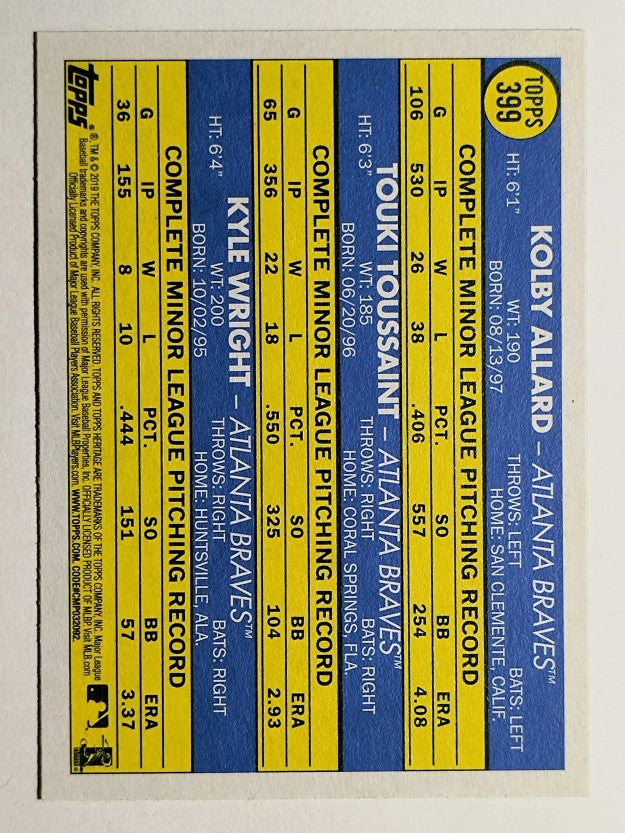 2019 Topps Heritage #399 Kyle Wright RC/Touki Toussaint RC/Kolby Allard RC