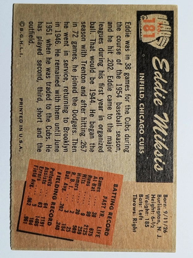 1955 Bowman #181 Eddie Miksis (VG)