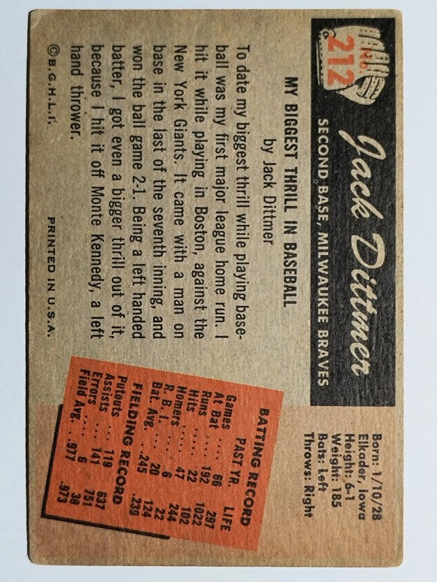 1955 Bowman #212 Jack Dittmer (VG)