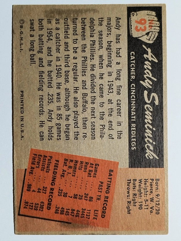 1955 Bowman #93 Andy Seminick (VGEX)