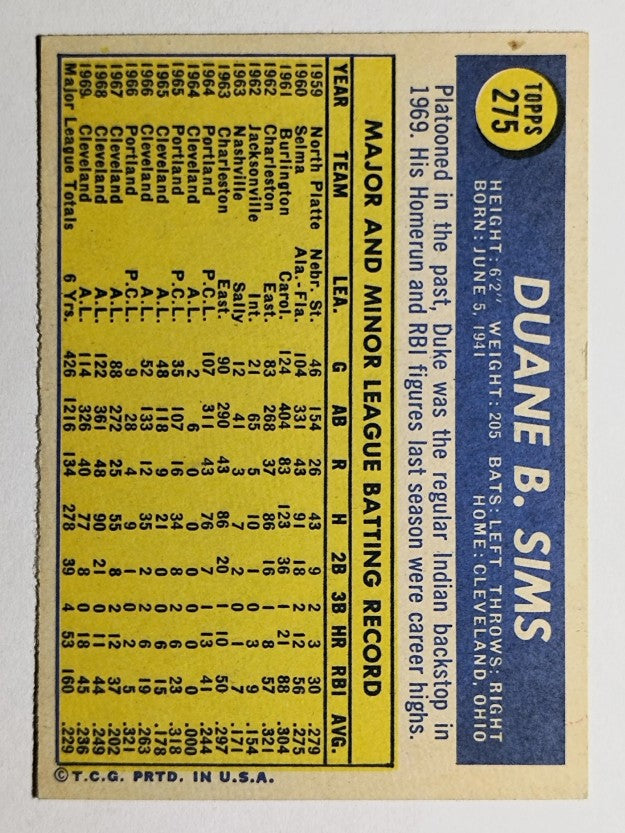 1970 Topps #275 Duke Sims (VGEX)