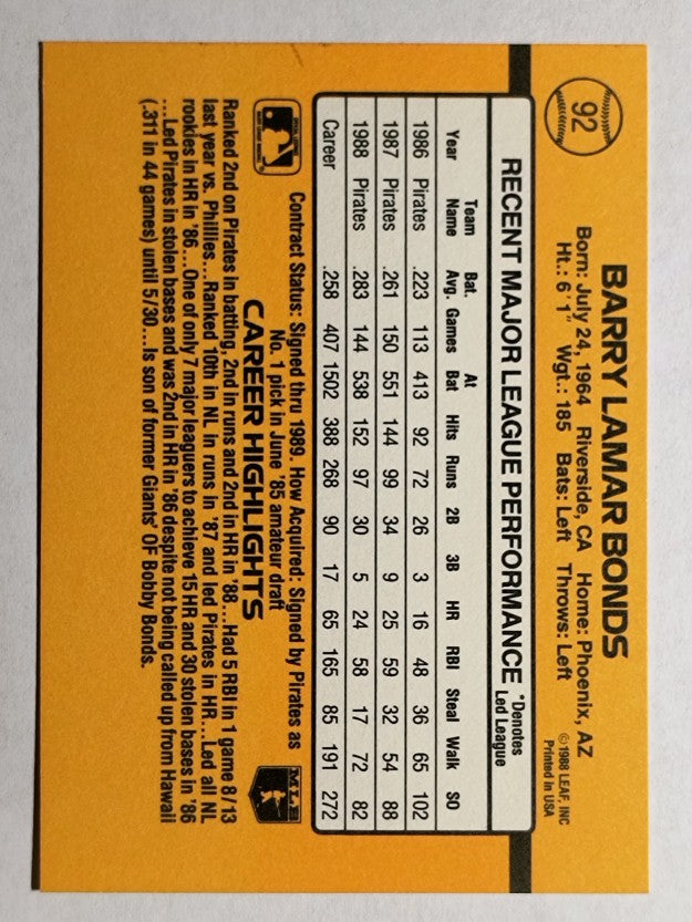 1989 Donruss #92 Barry Bonds