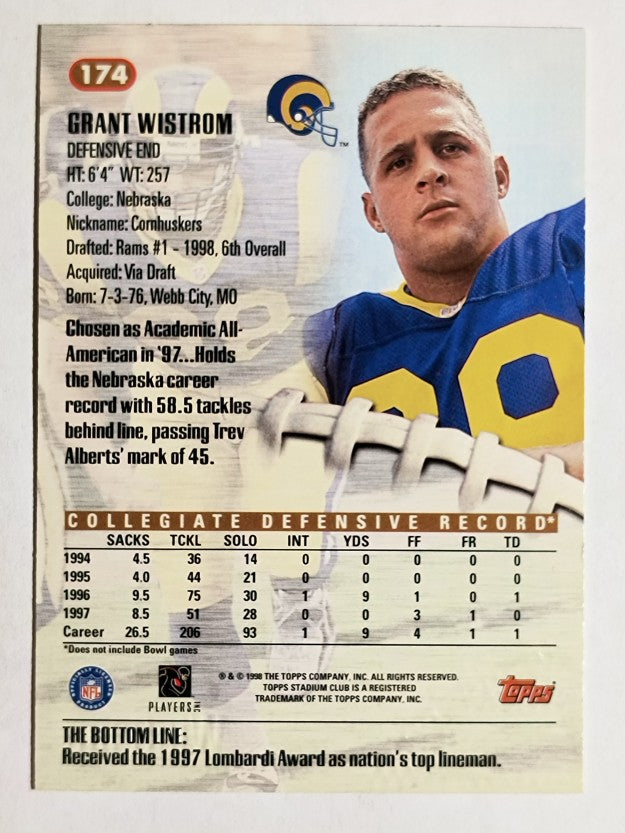 1998 Stadium Club #174 Grant Wistrom RC