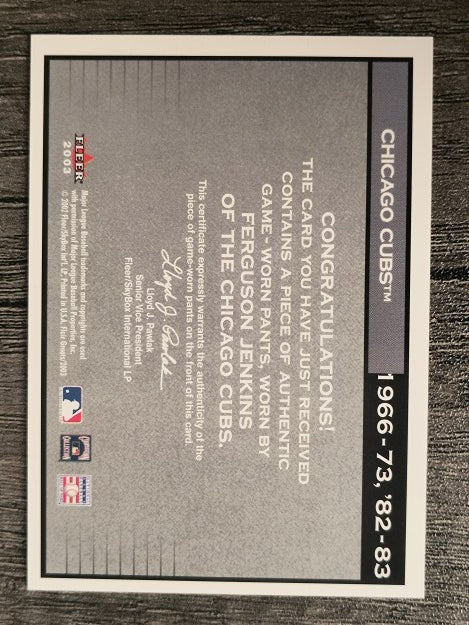 2003 Flair Greats Cut of History Game Used #11 Ferguson Jenkins Pants