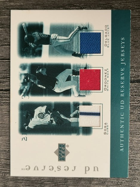 2001 UD Reserve Game Jersey Trios Sammy Sosa/Magglio Ordonez/Carlos Delgado