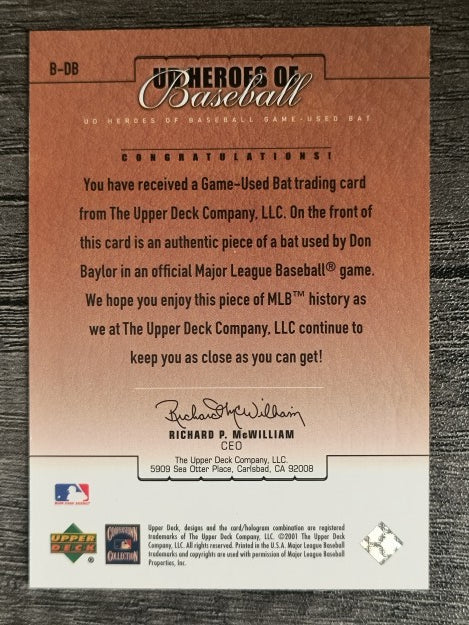 2001 Upper Deck Prospect Premieres Heroes of Baseball Game Bat #BDB Don Baylor