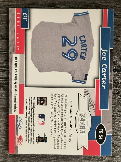 2002 Leaf Certified Fabric of the Game #54DY Joe Carter/83