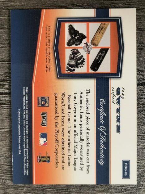 2002 Playoff Piece of the Game Materials #86A Tony Gwynn Bat