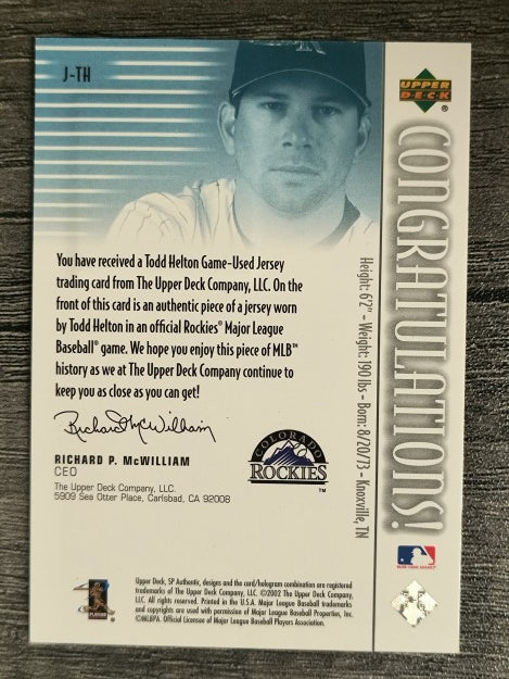 2002 SP Authentic Game Jersey #JTH Todd Helton