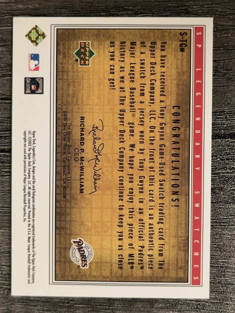 2002 SP Legendary Cuts Game Swatches #STGW Tony Gwynn