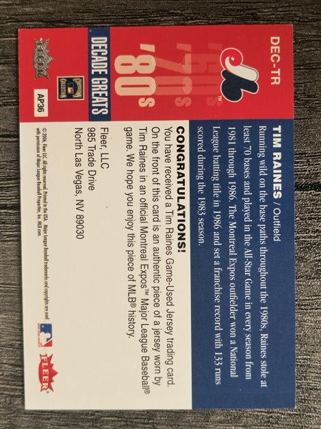 2006 Greats of the Game Decade Greats Memorabilia #TR Tim Raines Jsy