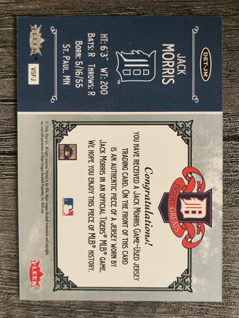 2006 Greats of the Game Tigers Greats Memorabilia #JM Jack Morris Jsy