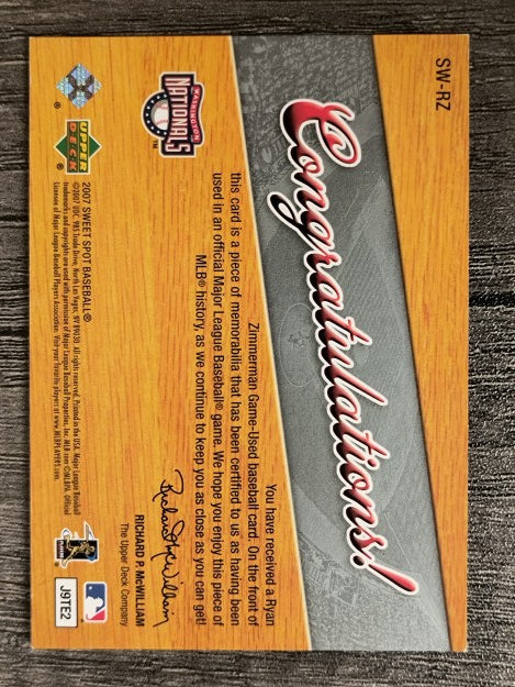2007 Sweet Spot Sweet Swatch Memorabilia #SWRZ Ryan Zimmerman