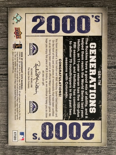 2008 SP Legendary Cuts Generations Dual Memorabilia Todd Helton/Matt Holliday