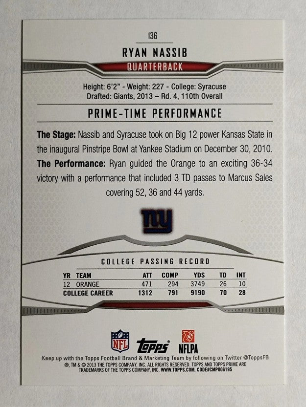 2013 Topps Prime Retail #136 Ryan Nassib RC