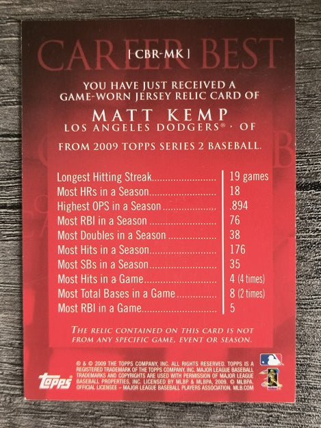 2009 Topps Career Best Relics #MK Matt Kemp Jsy B2