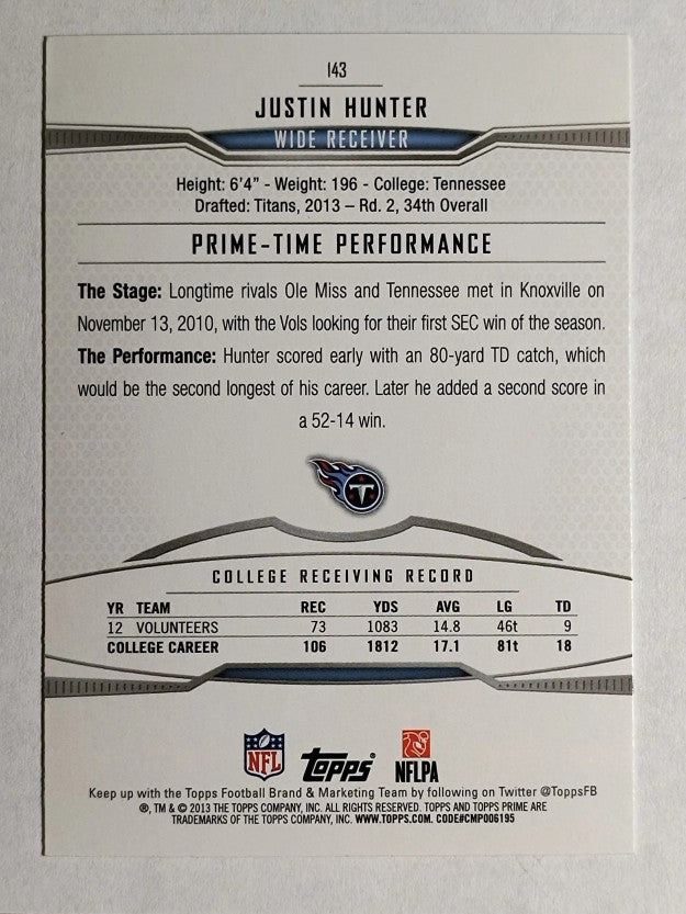 2013 Topps Prime Retail #143 Justin Hunter RC