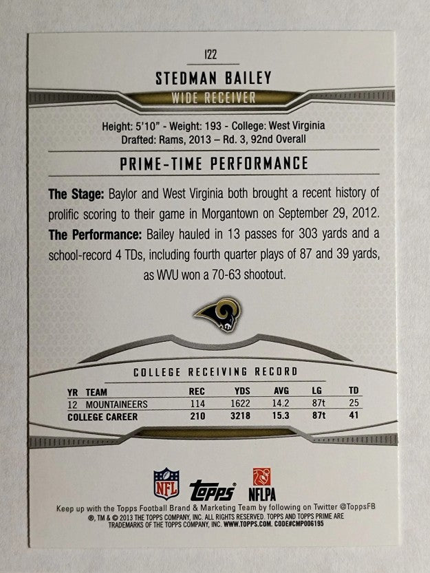 2013 Topps Prime Retail #122 Stedman Bailey RC