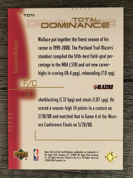2000-01 Upper Deck Total Dominance #TD11 Rasheed Wallace