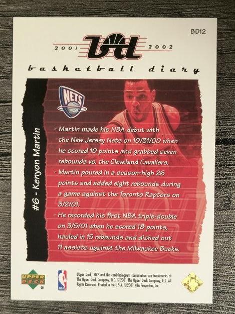 2001-02 Upper Deck MVP Basketball Diary #BD12 Kenyon Martin
