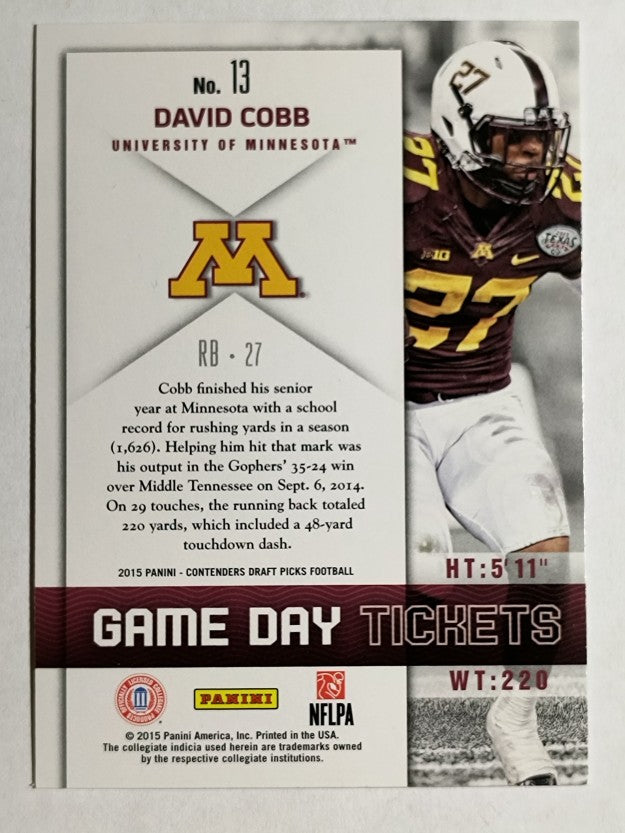 2015 Panini Contenders Draft Picks Game Day Tickets #13 David Cobb