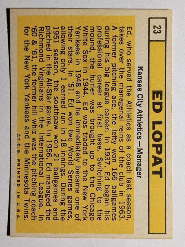 1963 Topps #23 Ed Lopat MG (NM)