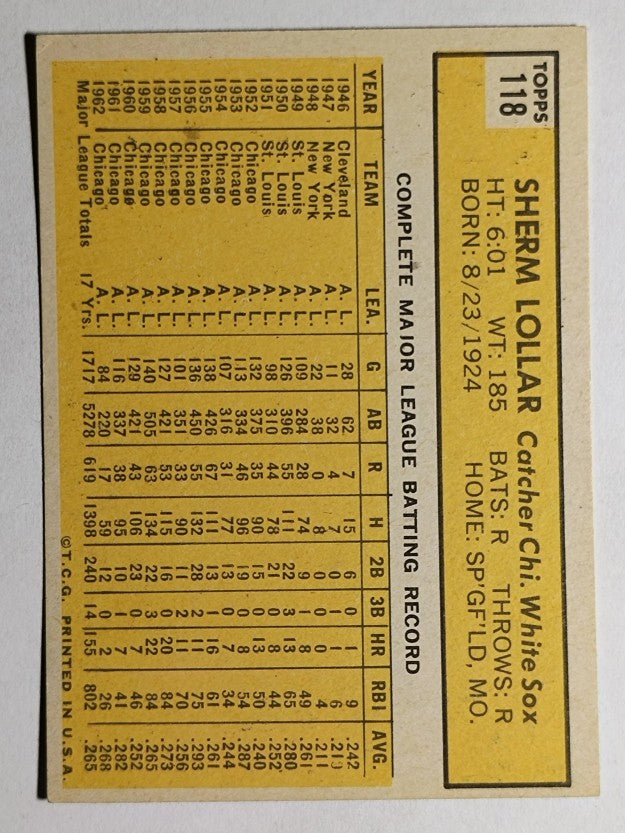 1963 Topps #118 Sherm Lollar (EX)