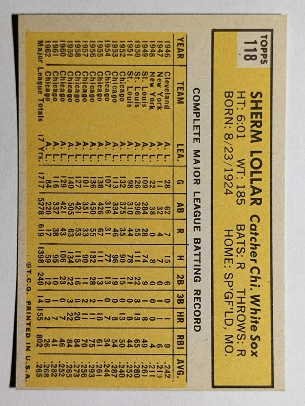 1963 Topps #118 Sherm Lollar (EXMT)