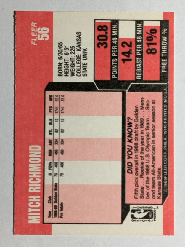 1989-90 Fleer #56 Mitch Richmond RC