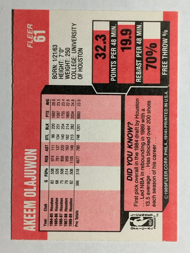 1989-90 Fleer #61 Hakeem Olajuwon