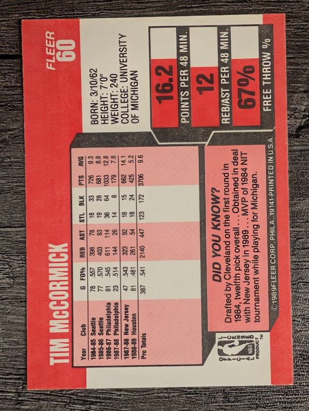 1989-90 Fleer #60 Tim McCormick